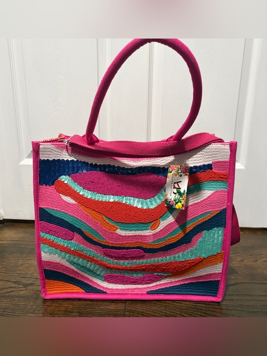 America & Beyond Handbags - Bright Pink Multicolor Embroidered Wave Tote